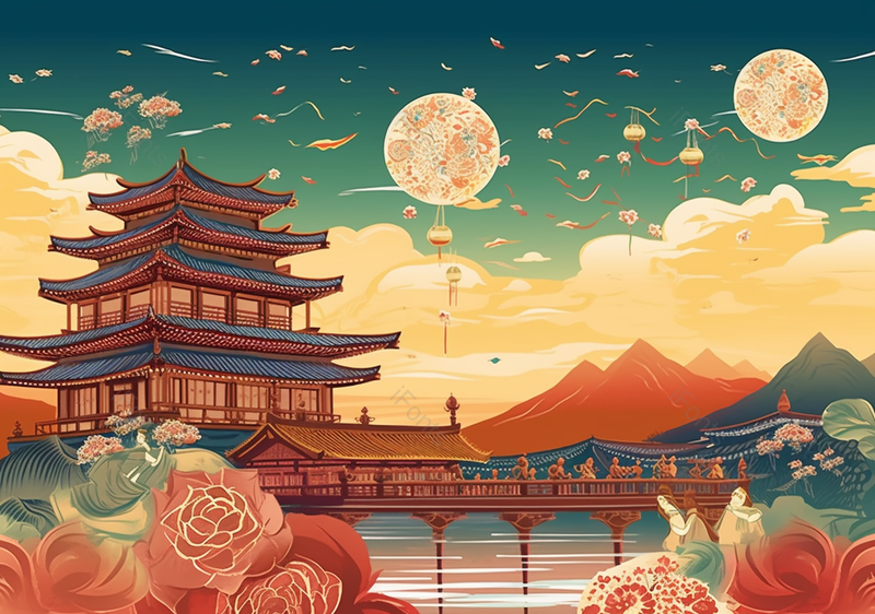 古建筑宫殿国潮节日背景插画,插画/手绘图,插画/手绘图库,插画/手绘图下载,插画/手绘